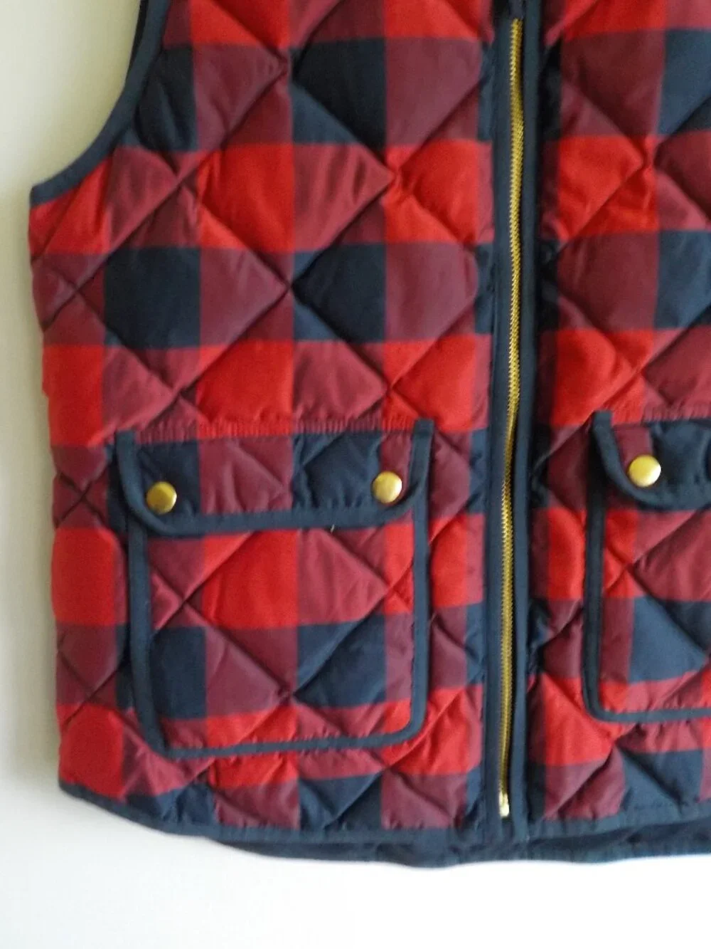 J. Crew Puffer Vest - Small - Red/Blue Plaid Zip Pockets High Collar (2372)